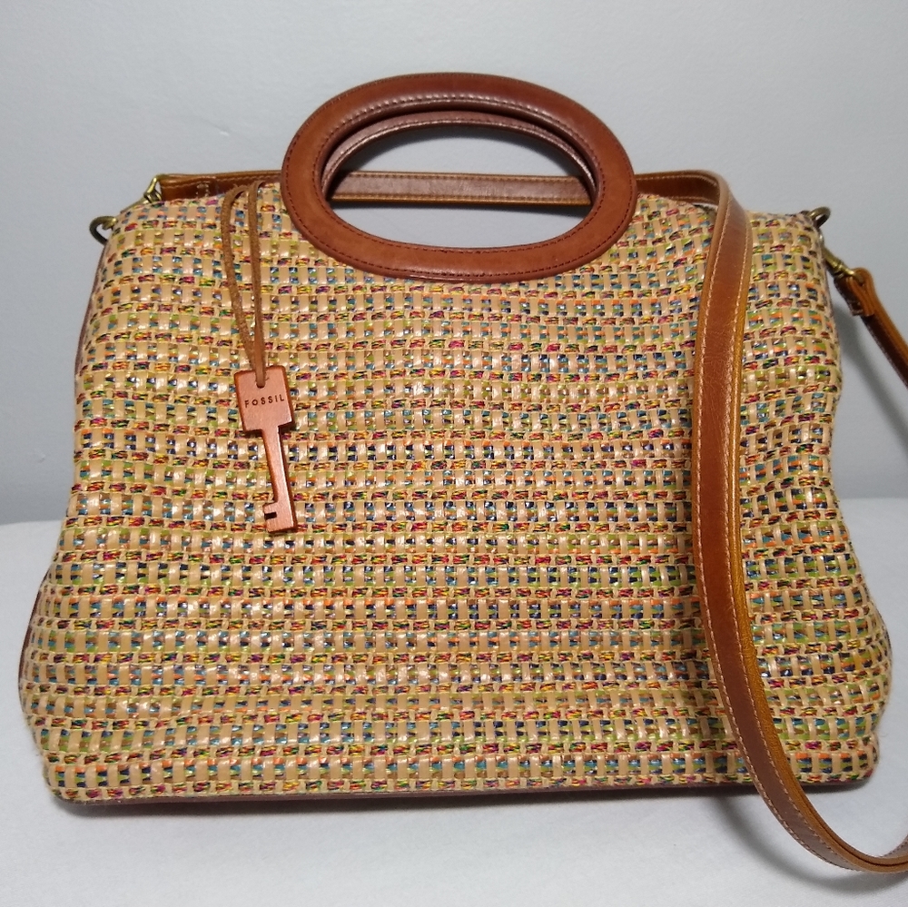 Fossil Purse Colorful Wicker Design Leather Trim - Picture 1 of 7